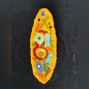 “Joyful” Fused Art Glass  Handmade 10.5”x4”Yellow Oval Bowl Original